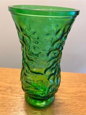 Vintage green crinkle textured glass vase produced by Hoosier Glass